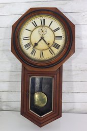 Antique Wooden Schoolhouse Regulator Wall Clock W/ Pendulum  32'H X 17'W  UNTESTED