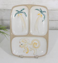 Vintage Glidden Pottery 3-Section Serving Tray  Lion & Palm Tree Design  12 X 9