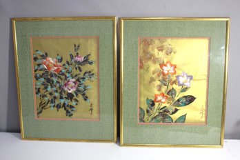 Pair Of Framed Hand-Painted Silk Floral Artworks With Embroidery Detailing