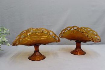 Pair Of  Large Amber Gold Indiana Glass Banana Boat Stand With An Open Lattice Rim On A Pedestal Base.