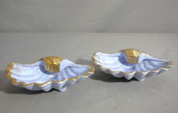 Pair Of Vintage Porcelain Seashell Trinket Dishes With Gold Trim