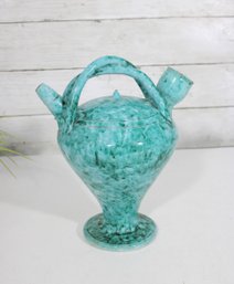Vintage Pauls Pottery Italy Double-Spout Vase  Turquoise Drip Glaze  9' (#168/718)