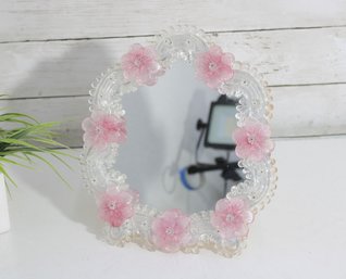 Decorative Floral Mirror W/ Pink Glass Flowers  Ornate Vanity Mirror 10' H  9.5' W
