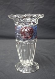 10' Clear And Colored Glass Vase With Embossed Rose Design