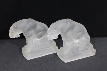Art Deco Frosted Satin Glass Panther Bookends  Pair  Sculptural Big Cat Design  6.5' Tall