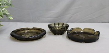 Group Lot Of Three Smokey Grey/green  Ashtrays-vintage