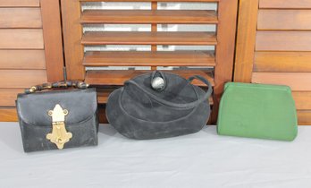 #320-Vintage Ladies Handbags Lot  Black Leather Bamboo Handle, Evening Clutch & Green Chain Purse