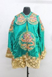 Vintage Chinese Silk Embroidered Dragon Jacket Robe Green & Gold- Size Small