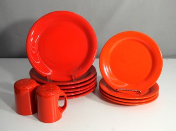 Vibrant Orange And Red Dinnerware Set With Salt & Pepper Shakers - Franciscan & Unmarked