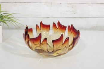 Small -Vintage Murano  Art Glass Flame Bowl  Flavio Poli Attrib.  Amber & Red  8'