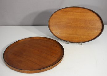 Pair Of Vintage Wooden Serving Trays  15' X 9.5' Oval & 14' Round  Lord & Taylor Label