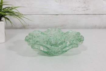 Hand Blown Art Glass Bowl  Green & Gold Flecked  Ruffled Edge  7'