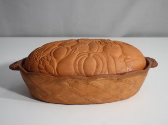 Vintage Terra Cotta Clay Baking Dish With Embossed Vegetable Design Lid