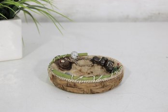 Vintage Miniature Fishing Creel Basket Diorama Trinket Dish 4.5' Round