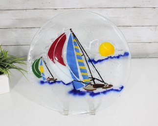 Peggy Karr 14' Art Glass Sailboat Dish  1980s Nautical Decor  Handcrafted Fused Glass Plate