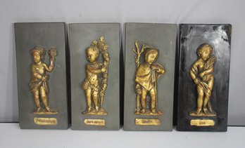 Set Of 4 Vintage Gilded Plaques  The Four Seasons  10.5 X 5 Bas-Relief Wall Art