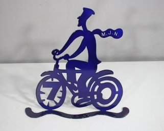 Whimsical Metal Art Sculpture  'M.J.N.' Cyclist Figure  Signed & Dated 1997  12' X 12'