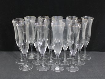 Set Of 13 Gorham Crystal Champagne Flutes Gold Rim 9' Tall Elegant Stemware