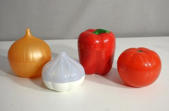 Set Of 4 Vegetable-Shaped Food Storage Containers - Onion, Garlic, Bell Pepper, And Tomato