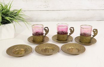 Vintage Set Of 3 Pink Etched Glass Turkish Tea Cups With Ornate Brass Holders & 6 Saucers – 3.5" & 4"