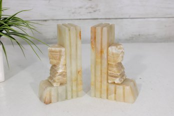 Vintage Onyx Stone Lion Bookends Carved Marble Alabaster 5.5' Tall Pair