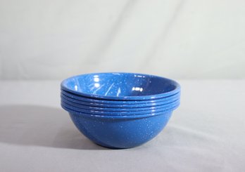 Group Lot Of 6 Vintage Blue & White Speckled Enamel Bowls