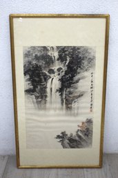 Framed Japanese Ink Wash Waterfall Painting