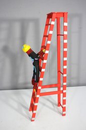 Folk Art Ladder Sculpture With Climbing Figure  Handcrafted Whimsical Mixed Media  24'H