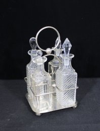 Antique Cut Glass Cruet Set With Silverplate Stand Oil Vinegar Bottles - Some Chips