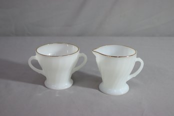 Vintage Anchor Hocking Fire King Gold Trimmed White Milk Glass Creamer & Sugar Set