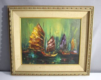 Oil Painting Of Sailboats By Yule In Ornate Frame