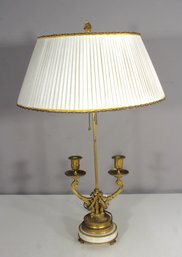 Antique 28 Brass Bouillotte Lamp With Dual Candle Holders & Pleated Shade