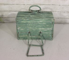 Vintage Distressed Green Painted Wood Lidded Box W/ Handle  Primitive Farmhouse Storage  9.5'H X 13'W X 9.5'