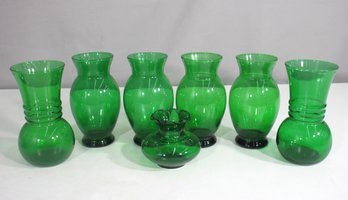 Vintage Green Glass Vase Lot  Set Of 7  Assorted Shapes & Sizes