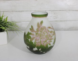 Galle Type Cameo Glass Vase  Floral Acid-Etched Design  Green & Pink Overlay  8.5' Tall