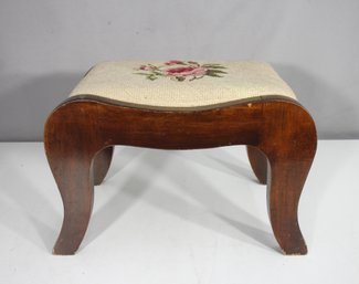 Vintage Needlepoint Footstool  Floral Rose Tapestry & Curved Wood Legs  10H X 14W