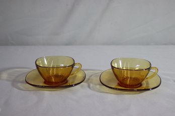 Set Of 2 Vintage Mid-Century Vereco France Amber Glass Cup & Saucers