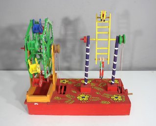 Colorful Folk Art Mechanical Toy  Hand-Painted Wood Ferris Wheel & Acrobats  15'H X 16'W