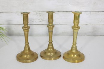 Set Of 3 Vintage Solid Brass Candlesticks 9' Tall Taper Holders