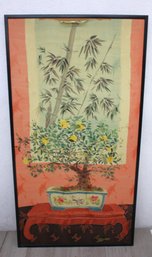 Vintage Oriental Textile Art With Floral And Bamboo Design In Black Frame