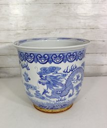 Large Blue & White Porcelain Dragon Planter Pot W/ Drain Hole  12'H X 13.5' Round