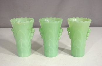 Set Of 3 Vintage Fire King Jadeite Green Art Deco Bud Vases  Scalloped  5.5' Tall