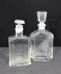 Pair Vintage Glass Decanters W/ Stoppers 11' & 9.5' Barware Liquor Bottles
