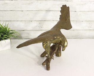 Large Brass Eagle Sculpture On Branch  Wings Spread  17 Wide