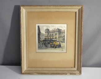Vintage European Market Scene Signed Print In Rustic Frame