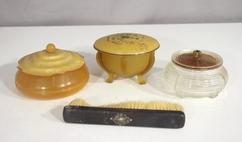 Vintage Vanity Dresser Jar & Brush Lot  Art Deco & Bakelite  Group Of 4
