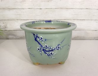 Vintage Celadon Green Porcelain Planter Pot W/ Blue Blossom Branch Design  8'H X 10' Round