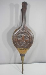 Antique 31.5 Hand-Carved Wooden Fireplace Bellows  Unique Face Motif & Brass Nozzle