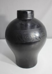 13' Black Pottery Vase With Carved Swirl Design