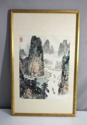 Framed City Market Scene Etching - Signed Artwork